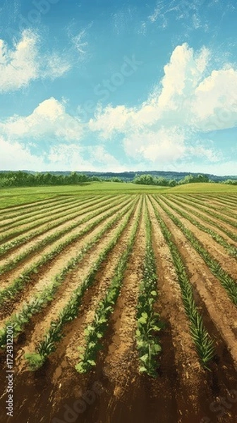 Fototapeta A field of crops with a blue sky in the background