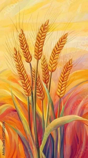 Fototapeta A painting of a field of wheat with a yellow background