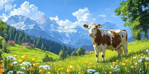 Fototapeta A cow is standing in a field of flowers