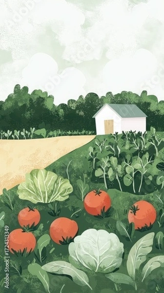 Fototapeta A drawing of a garden with a house in the background
