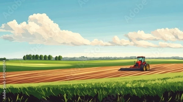 Fototapeta A red tractor is driving through a field
