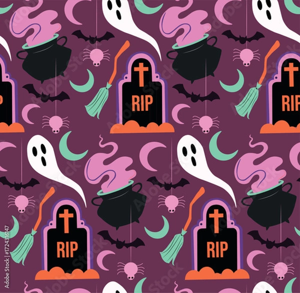 Obraz Halloween Seamless Vector Pattern – Spooky Pumpkins, Ghosts and Haunted Night Background