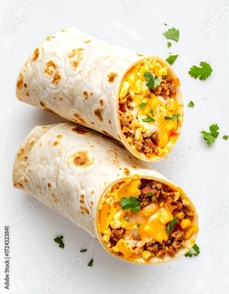 Obraz Two burritos, filled with breakfast ingredients, topped with cilantro