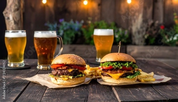 Obraz Two burgers and beers on a rustic table
