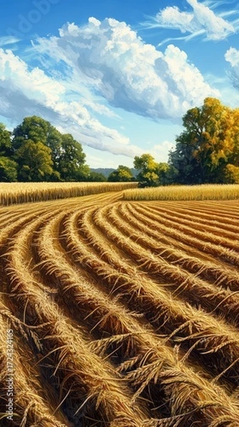 Fototapeta A field of golden wheat with a cloudy sky in the background