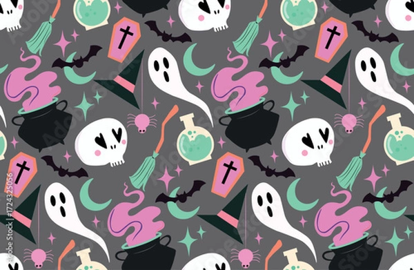 Obraz Halloween Seamless Vector Pattern – Spooky Pumpkins, Ghosts and Haunted Night Background