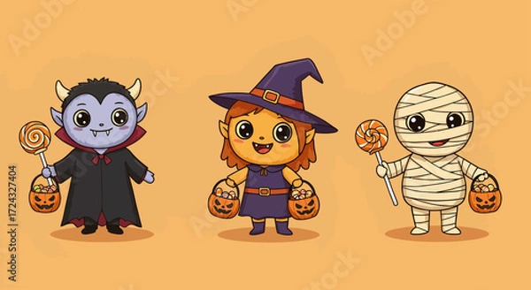 Obraz Three adorable Halloween kids dressed as vampire, witch, and mummy, carrying candy and pumpkins.