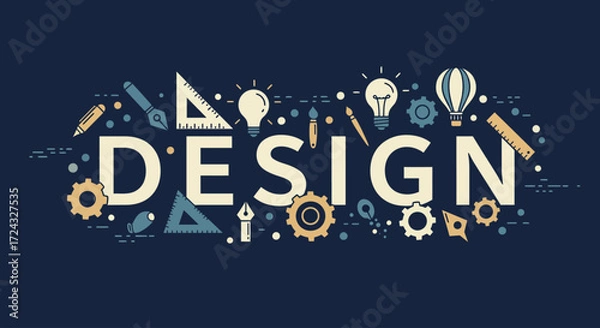 Fototapeta Creative design concept illustration with various tools and icons surrounding the word DESIGN on a dark background.