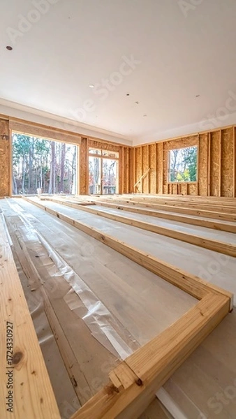 Fototapeta Interior view of a house under construction.  Framing and insulation visible