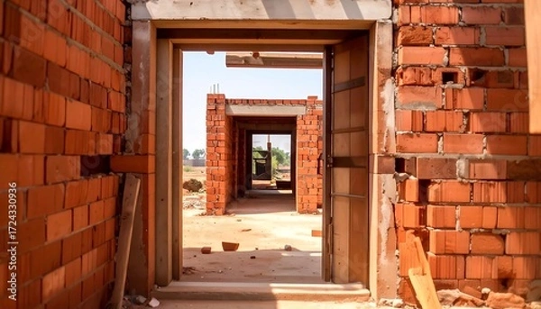 Fototapeta Interior view of a brick building under construction