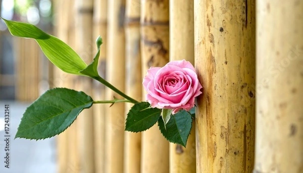 Obraz Single pink rose nestled between bamboo poles