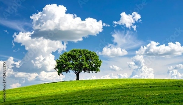 Obraz Single tree on a grassy hill under a vibrant sky