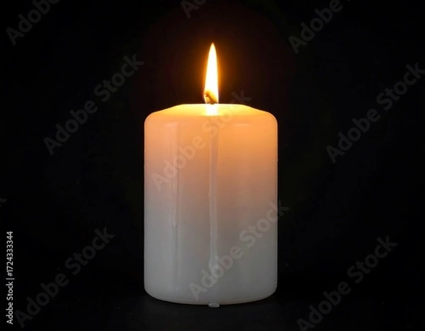 Obraz Single white candle burning brightly on black background