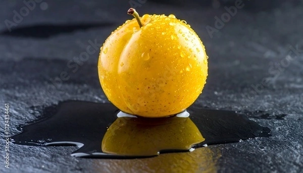 Obraz Single yellow plum with water droplets on dark slate