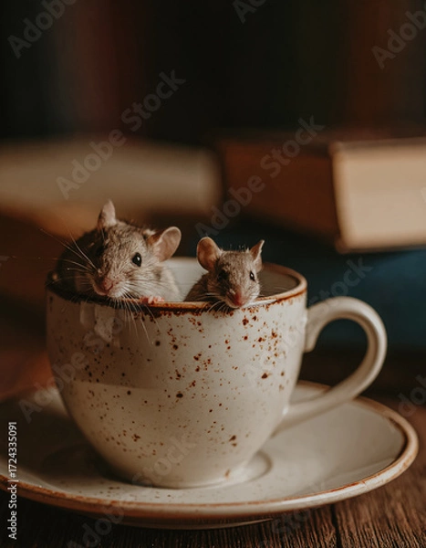 Fototapeta mice in a tea cup with books