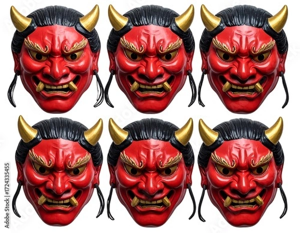 Obraz Six red demon masks, similar but varied expressions