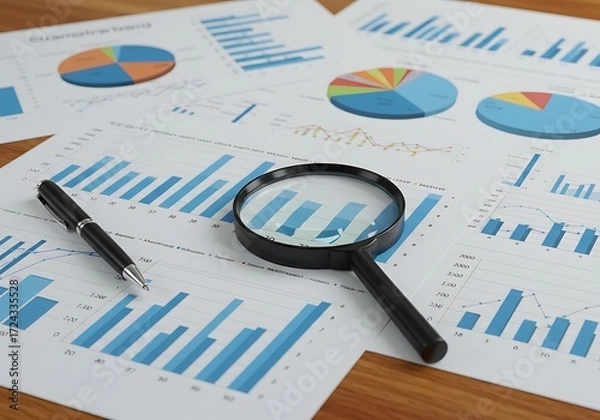 Fototapeta Magnifying glass and pen over financial charts and graphs