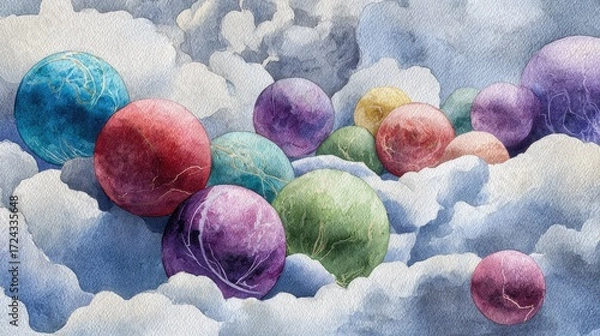 Fototapeta Colorful Spheres in Soft Clouds with Artistic Watercolor Effect