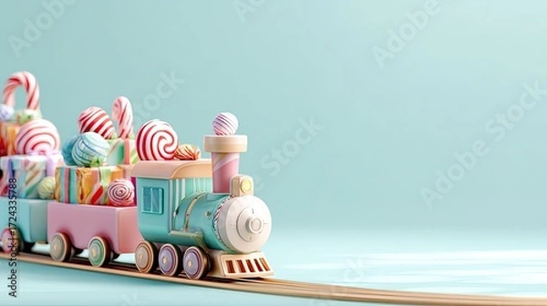 Fototapeta Colorful Toy Train with Candy and Gift Boxes on a Soft Background