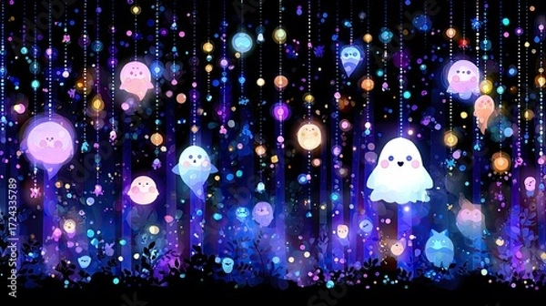 Fototapeta Colorful Ghosts and Lanterns in a Whimsical Night Scene