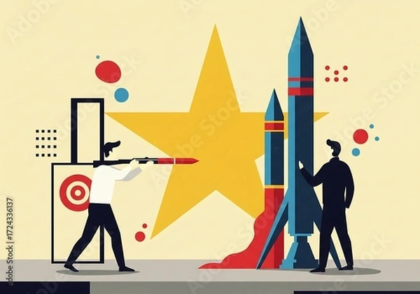 Fototapeta Team prepares for rocket launch under a giant star