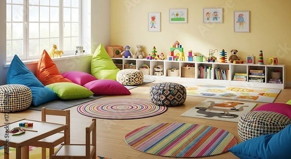 Fototapeta Playroom Paradise: A vibrant playroom designed for early childhood learning and enjoyment, brimming with colorful cushions, toys, and playful decor, inviting creativity and exploration.