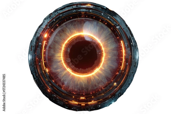 Fototapeta Futuristic robotic eye with glowing orange iris, metallic casing, digital technology concept. background removed