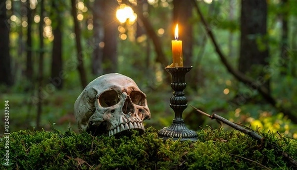 Obraz Skull and candle in a mossy forest setting