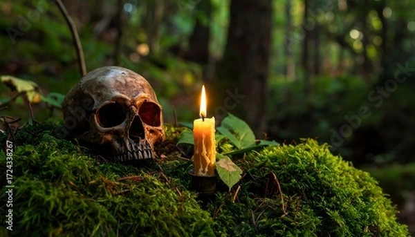 Obraz Skull and candle in mossy forest