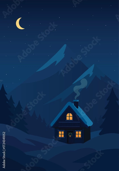 Obraz house in the forest in night. Ski resort