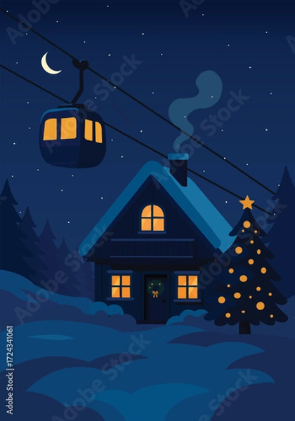 Obraz house in the night with snow and ski lifts. 