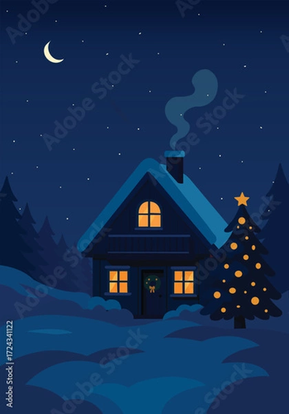 Obraz christmas night landscape, house in the snow with tree