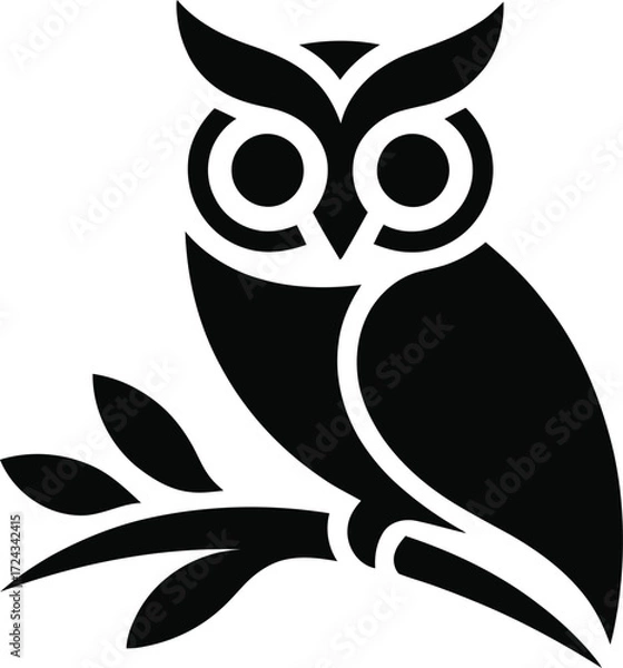 Fototapeta Elegant black owl icon on a branch with leaves bird