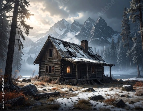Fototapeta Abandoned log cabin in snowy mountain landscape