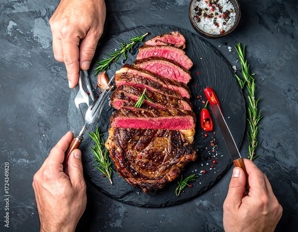 Obraz Sliced steak on slate platter, hands holding cutlery