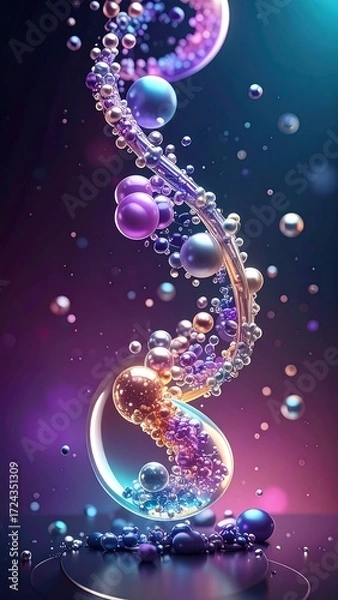 Fototapeta Abstract 3D DNA-like structure with iridescent spheres