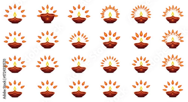 Fototapeta Diwali lamps glow brightly, arranged in neat rows on a white surface, symbolizing light and celebration in a festive atmosphere.