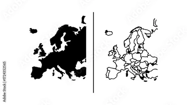 Fototapeta Two Graphic Illustrations of Europe Map Silhouette and Outline with Country Borders.