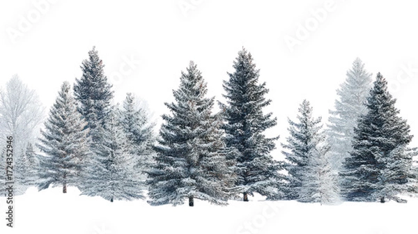Fototapeta Row of snow covered evergreen trees isolated on transparent background