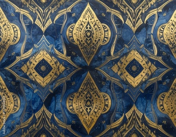 Fototapeta Intricate, gold-embellished, blue abstract pattern