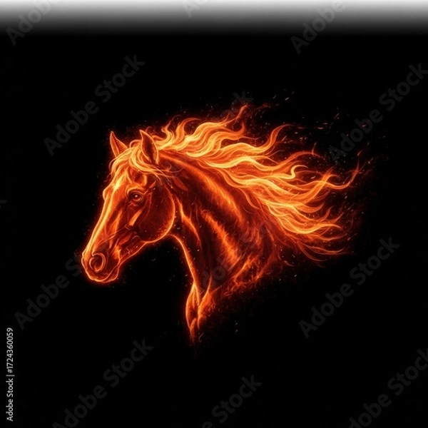 Obraz A fiery horse head, its mane ablaze in vibrant orange and yellow, set against a stark black background showcases a blend of power and elegance with a touch of the surreal .