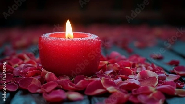 Fototapeta Red Candle with Flame and Rose Petals