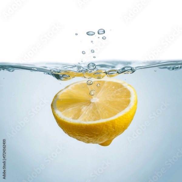 Fototapeta Fresh lemon slice splashing into cold water glass, highlighting citrus freshness and healthy drink