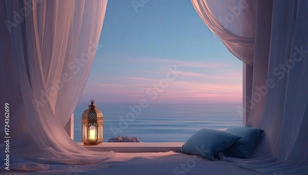Obraz Tranquil seaside view through sheer curtains