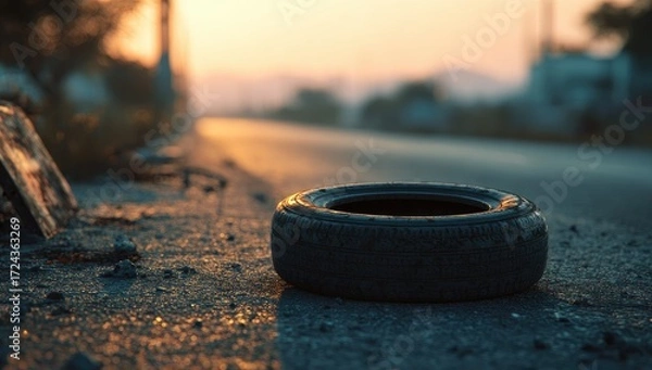 Obraz Abandoned tire at sunset