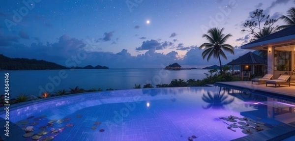 Fototapeta Deep Blues   Purples, Minimalist Design, Coastal Location, Ambient Lighting, Water Lilies   Tranquil Atmosphere