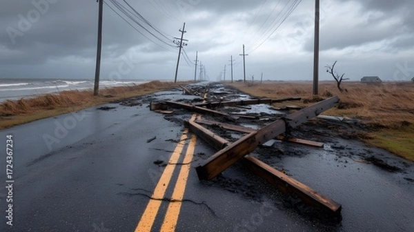Obraz Storm damaged coastal road with scattered debris broken utility poles and high waves under an overcast sky