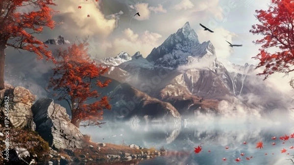 Fototapeta Seasonal Forest Landscapes: Pine/Fir Trees, Winter Snowy Mountains & Sunset Lake Water Views