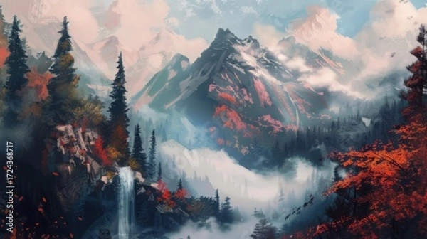 Fototapeta Seasonal Forest Landscapes: Pine/Fir Trees, Winter Snowy Mountains & Sunset Lake Water Views