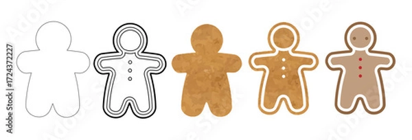 Fototapeta Vector illustration of gingerbread man evolution. Christmas cookie outline, contour, texture and decorated versions on white background.